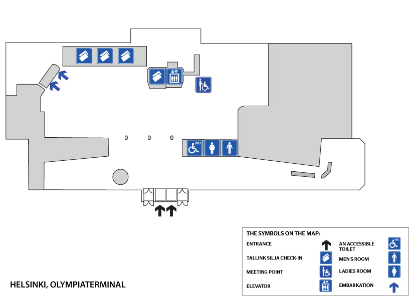 Olympiaterminaalin kutsupisteen löydät sisäänkäynnin (automaattiovet) jälkeen suoraan edestä oikealta. Inva-WC sijaitsee ensimmäisessä kerroksessa heti sisäänköynnin jälkeen oikealla. Invapysäköintiä varten terminaalin ulkopuolella on kaksi paikkaa lyhytaikaisella paikoitusalueella.