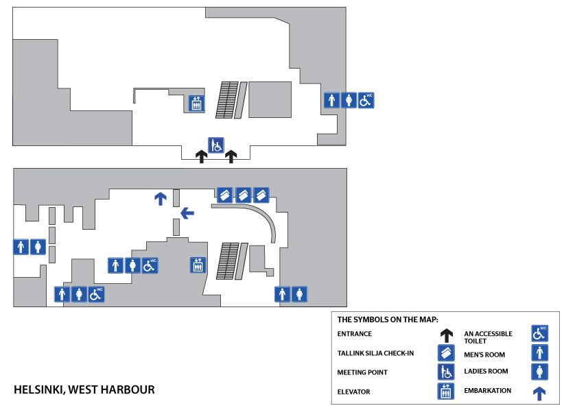 Länsiterminaalin kutsupisteen löydät sisäänkäyntien (automaattiovet) välistä. Tallink Siljan lähtöselvitys on 2. kerroksessa. Terminaalissa on hissi. Inva-WC:t sijaitsevat ensimmäisessä kerroksessa ja toisessa kerroksessa (2 kpl) heti turvatarkastuksen jälkeen. Invapysäköintiä varten terminaalin ulkopuolella on neljä paikkaa lyhytaikaisella paikoitusalueella.