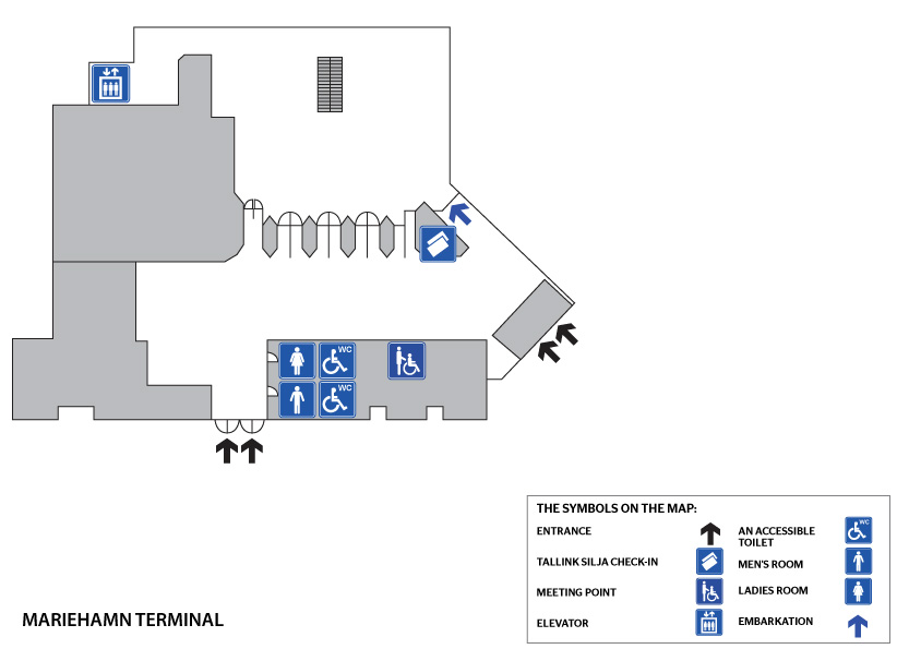 Maarianhaminan terminaalin kutsupisteen löydät heti sisäänkäynnin (automaattiovet) jälkeen. Tallink Siljan lähtöselvitys on 1. kerroksessa. Terminaalissa on hissi. Inva-WC:t sijaitsevat ensimmäisessä kerroksessa samoissa tiloissa kuin WC N ja WC M sekä toisessa kerroksessa. Invapysäköintiä varten terminaalin ulkopuolella on yksi paikka, pysäköintiaika maksimissaan kaksi tuntia.