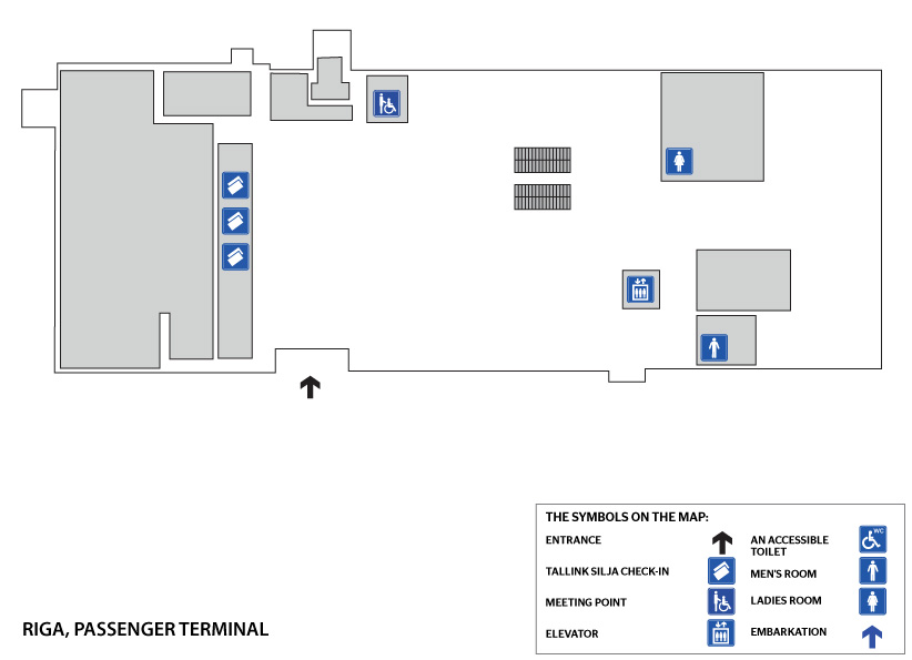 Riian terminaalin kutsupisteen löydät heti sisäänkäynnin (automaattiovet) jälkeen etuoikealta. Tallink Siljan lähtöselvitys on 1. kerroksessa. Terminaalissa on hissi. Terminaalissa ei ole inva-WC:tä eikä merkittyjä paikkoja invapysäköintiä varten.