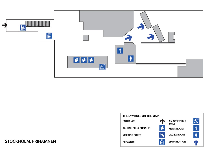 Frihamnenin kutsupisteen löydät heti sisäänkäynnin (automaattiovet) jälkeen suoraan edestä. Tallink Siljan lähtöselvitys on 2. kerroksessa. Terminaalissa on hissi. Inva-WC sijaitsee toisessa kerroksessa. Invapysäköinti sijaitsee terminaalin ulkopuolella.