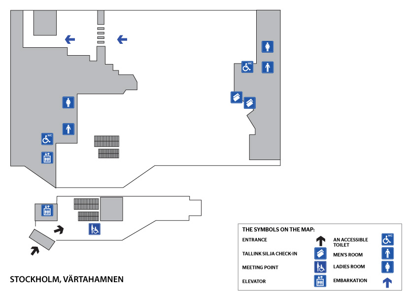 Värtanin kutsupisteen löydät heti sisäänkäynnin (automaattiovet) jälkeen oikealta. Tallink Siljan lähtöselvitys on 2. kerroksessa. Terminaalissa on hissi. Inva-WC:t (2 kpl) sijaitsevat toisessa kerroksessa. Invapysäköintiä varten on muutama paikka terminaalin edessä.