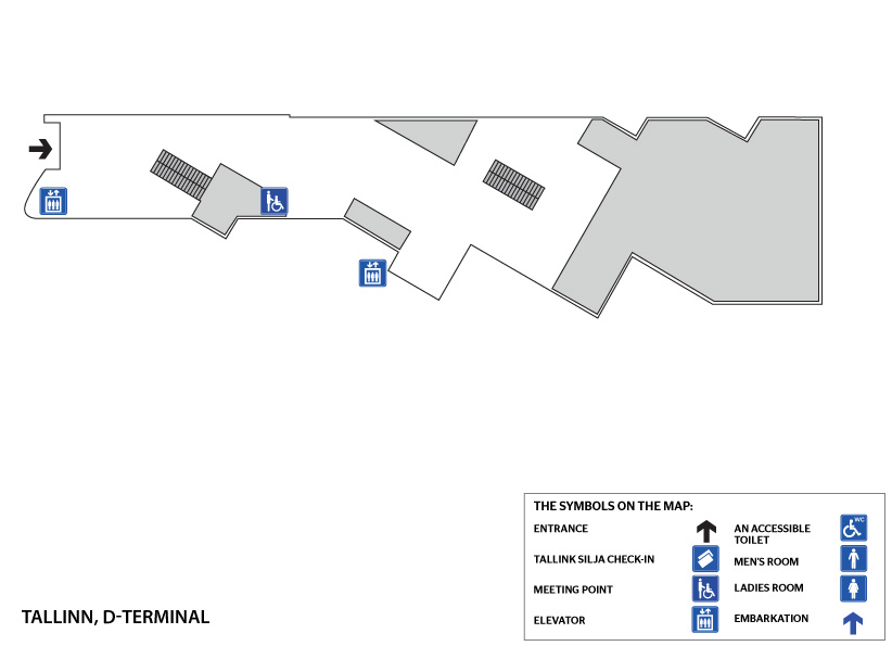 Tallinnan D-terminaalin kutsupisteen löydät sisäänkäynnin (automaattiovet) jälkeen portaiden ohi oikealta. Tallink Siljan lähtöselvitys on 2. kerroksessa. Terminaalissa on hissi. Inva-WC sijaitsee toisessa kerroksessa. Invapysäköintiä varten terminaalin ulkopuolella on kaksi paikkaa lyhytaikaisella paikoitusalueella terminaalin ulko-oven edessä.
